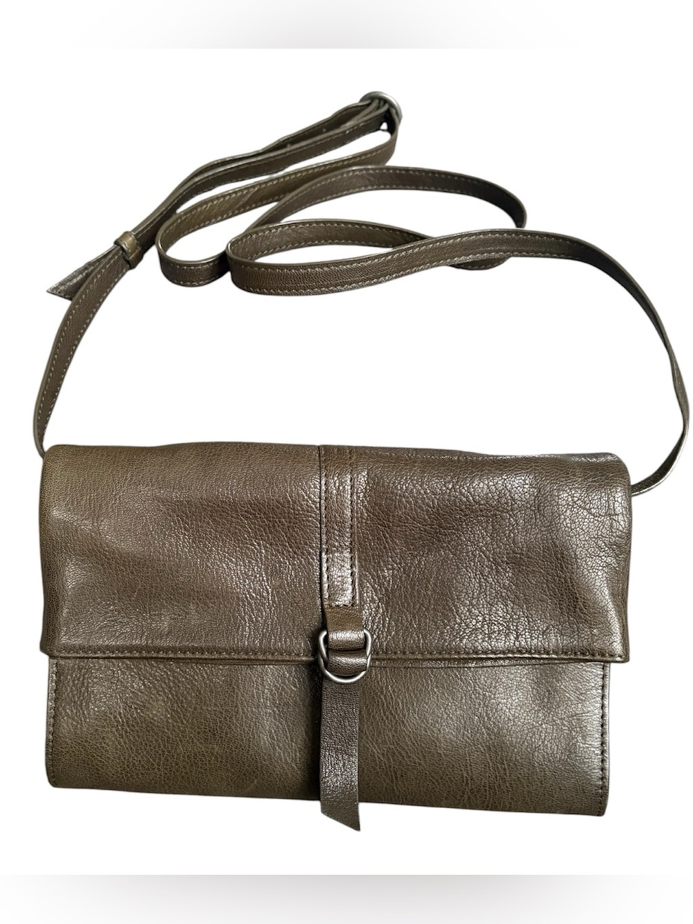Lucky Brand Leather Foldover Boho Crossbody Clutch Bag Olive Convertible